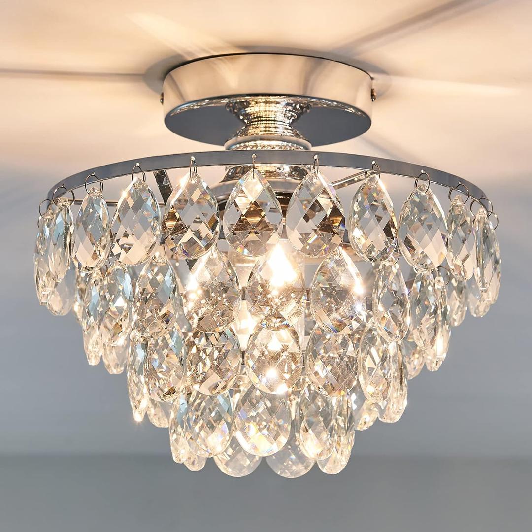 YYJLX Modern E26 Small Crystal Chandelier Semi Flush Mount Ceiling Light Fixture Silver Ceiling Lamp for Hallway Bedroom Bathroom Closet Bedroom Foyer Chrome