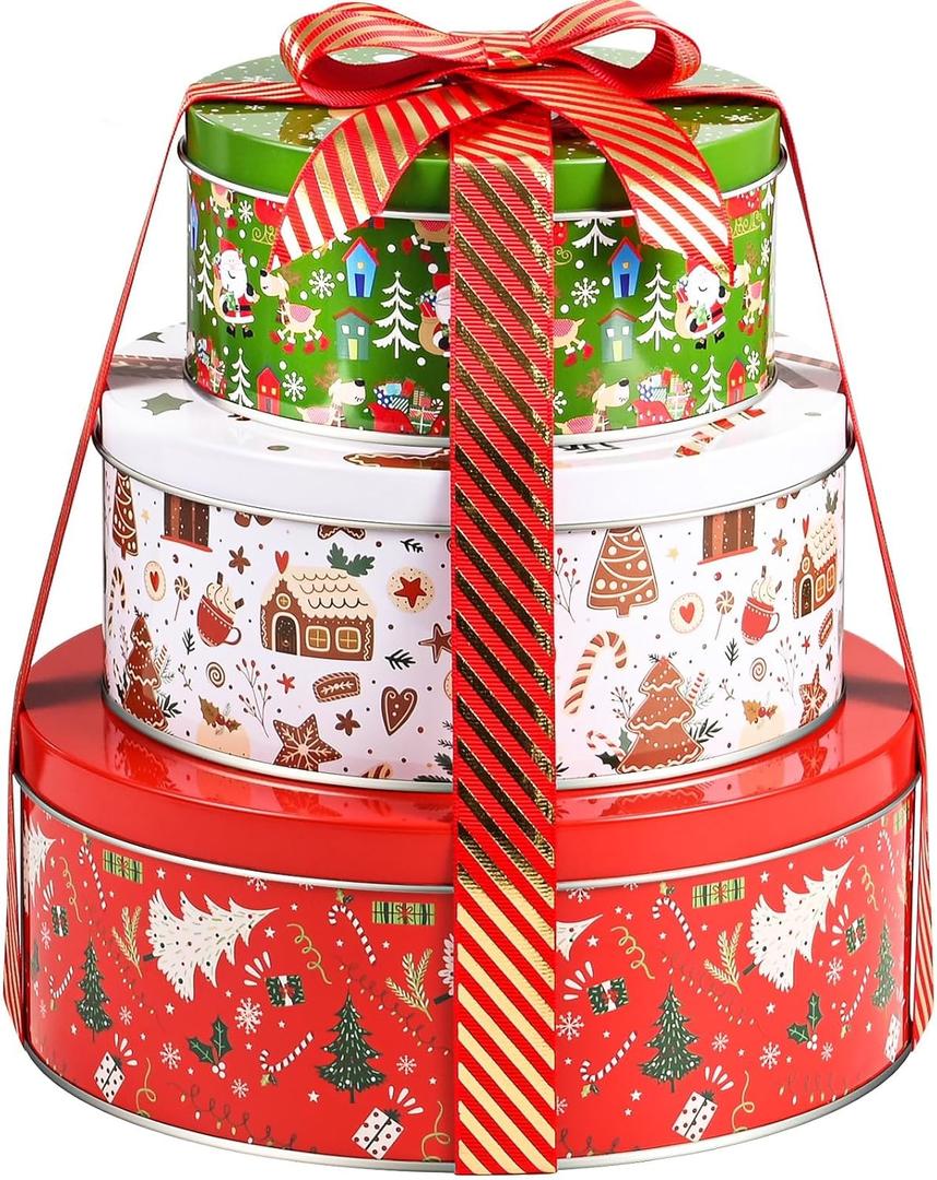 Olgaa Christmas Cookie Tins with Lids Set of 3 Gingerbread Man Cookie Storage Containers Airtight Round Jars for Gift Giving Holiday Treats Baking Cake Container