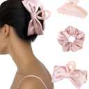 HAIMEIKANG 3 PCs Hair Bow and Acrylic Hair Claw Clips with Hair Scrunchies for Women and Girls, Strong Hold Non-slip Jaw Clips for Thick Thin Hair (Pink)