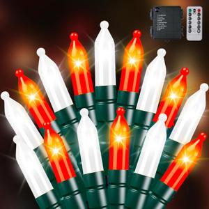 100 LED Christmas String Lights with Remote - 33ft Mini Bulb Battery String Lights - Fairy Lighting Decor for Backyard Eave Holiday Ornament Decor Xmas Christmas Party Decorations - Red White