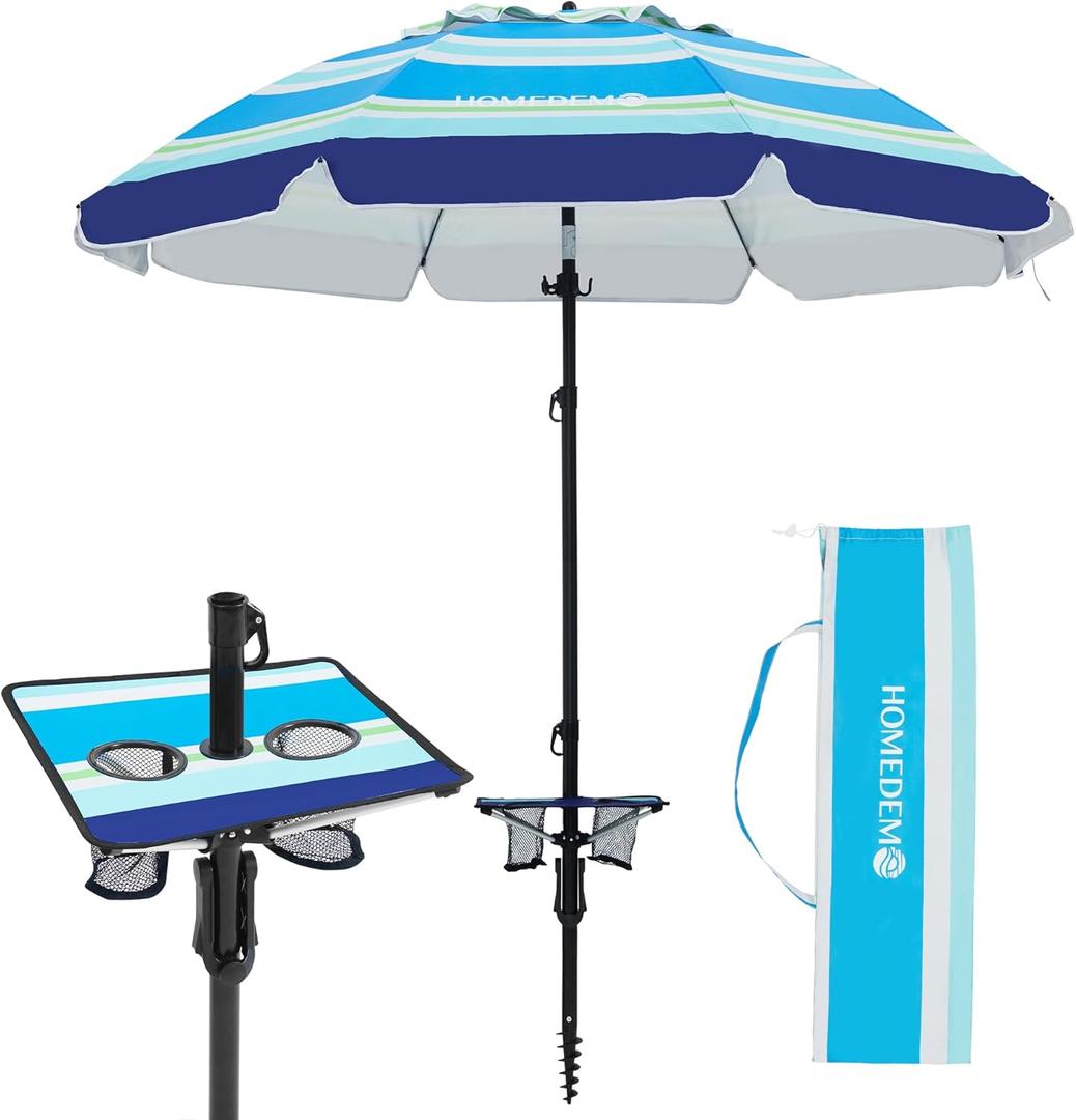 HOMEDEMO 7ft Beach Umbrellas For Sand Heavy Duty Wind, Portable Beach Umbrella UPF 50+ Windproof Outdoor Beach Umbrella with Sand Anchor, Tilt Pole, Carry Bag, Table Tray, Vent and Hook (Blue green white)