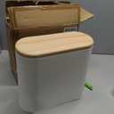 Small Bathroom Trash Can with Lid, 10L/2.6 Gal Slim Wastebasket - Odor & Pet Proof, Inner Bucket & Wood Grain Top, Plastic White Garbage Can for Kitchen, Bedroom, Living Room, Office, RV