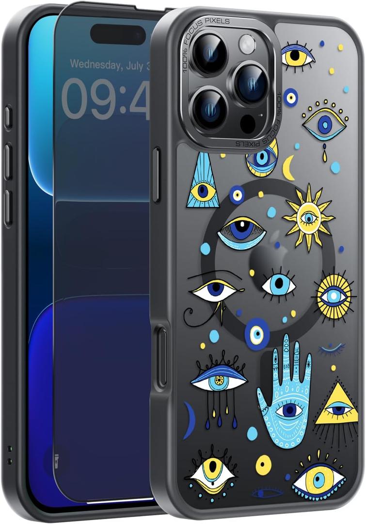 FUNMIKO for iPhone 16 Pro Max Case with Privacy Screen Protector, Wireless Charging Compatible, Shockproof Translucent Matte Cover - Cute Floral Design Phone Case for Women Girls - Charming Eyes