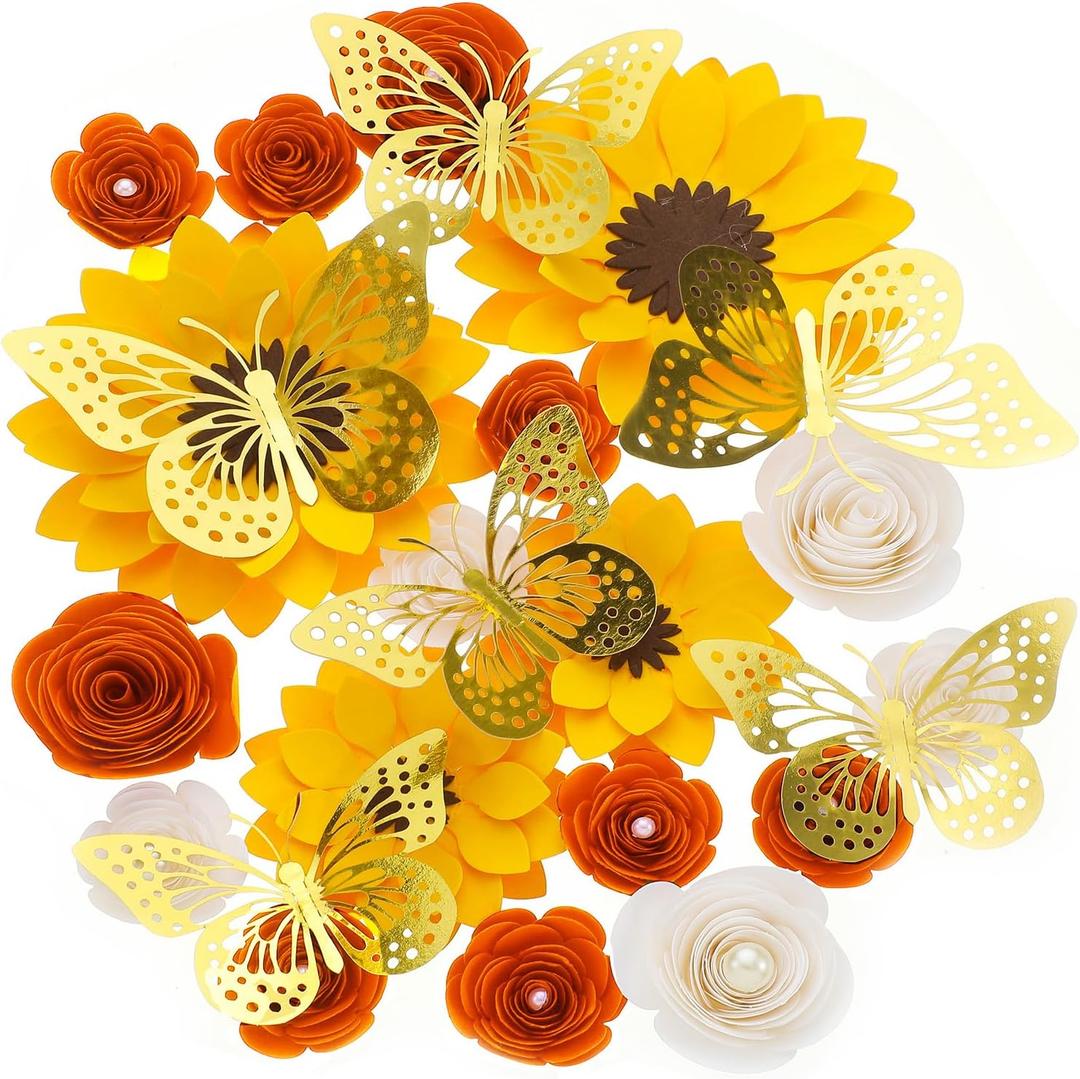 Nezyo 30 Pack Flower and Butterfly DIY Decorations Set 18 Pcs Flower Heads 12 Pcs 3D Butterfly Flat Back Roses Yellow Sunflower Heads for Grad Hats Wedding Baby Shower Home Decor(Yellow, Orange)