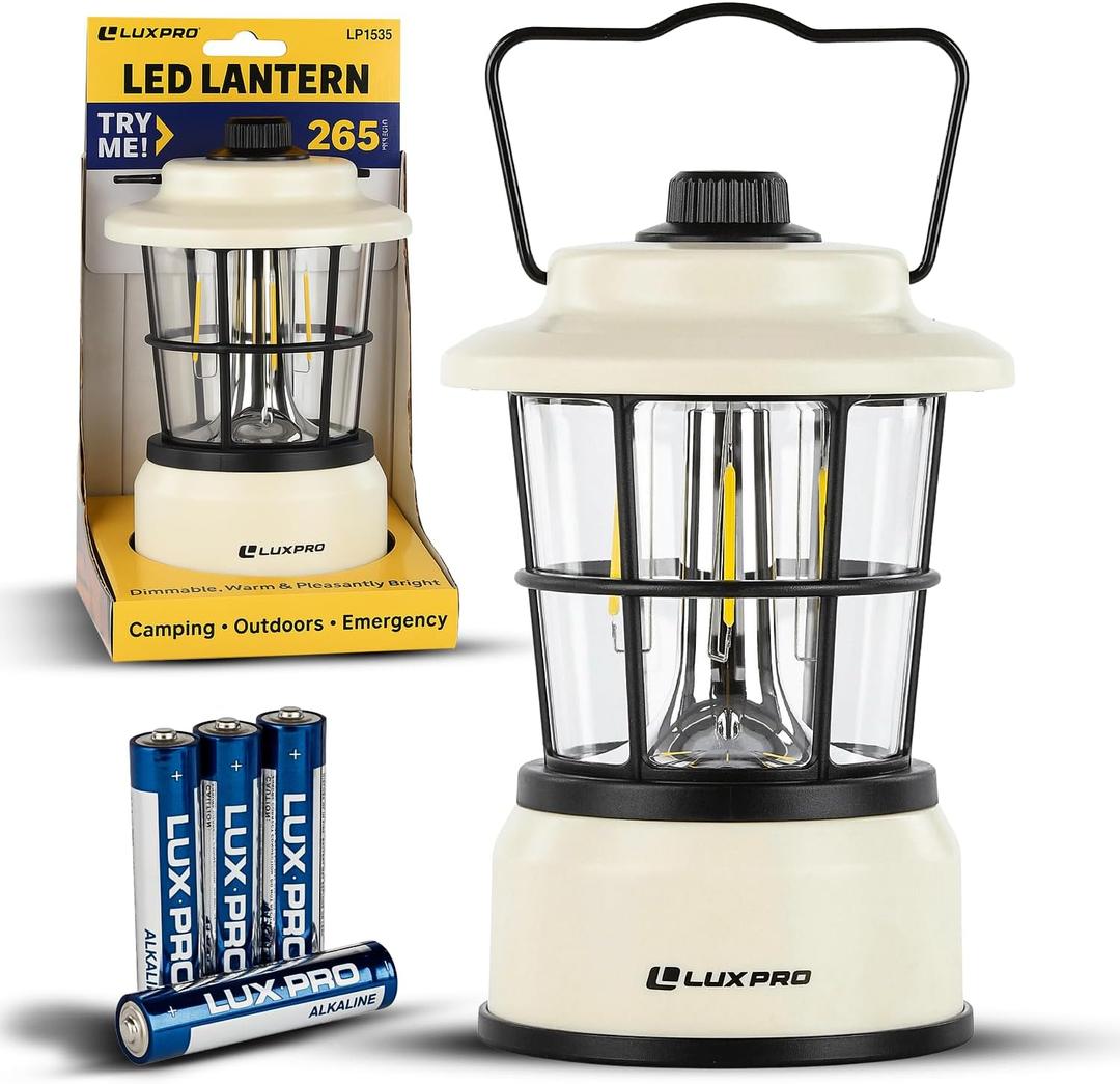 LUXPRO Retro LED Lantern - Battery-Powered Emergency Lantern - Water Resistant - Bright LED Lamp for Indoor & Outdoor Use - Use for Tents, Hiking or Hurricane Prep (Beige, Pack of 1)