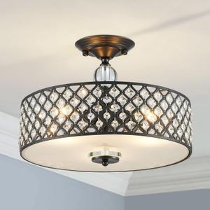 Saint Mossi Semi Flush Mount Ceiling Chandelier, Modern K9 Crystal Ceiling Light Fixture for Dining Room, Livingroom, Bedroom, H11 x D15.4, Matte Black Finish
