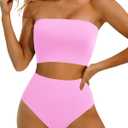 Yonique Bandeau Bikini Strapless Swimsuit - Two Piece High Waisted Bathing Suits (Small, Pink)
