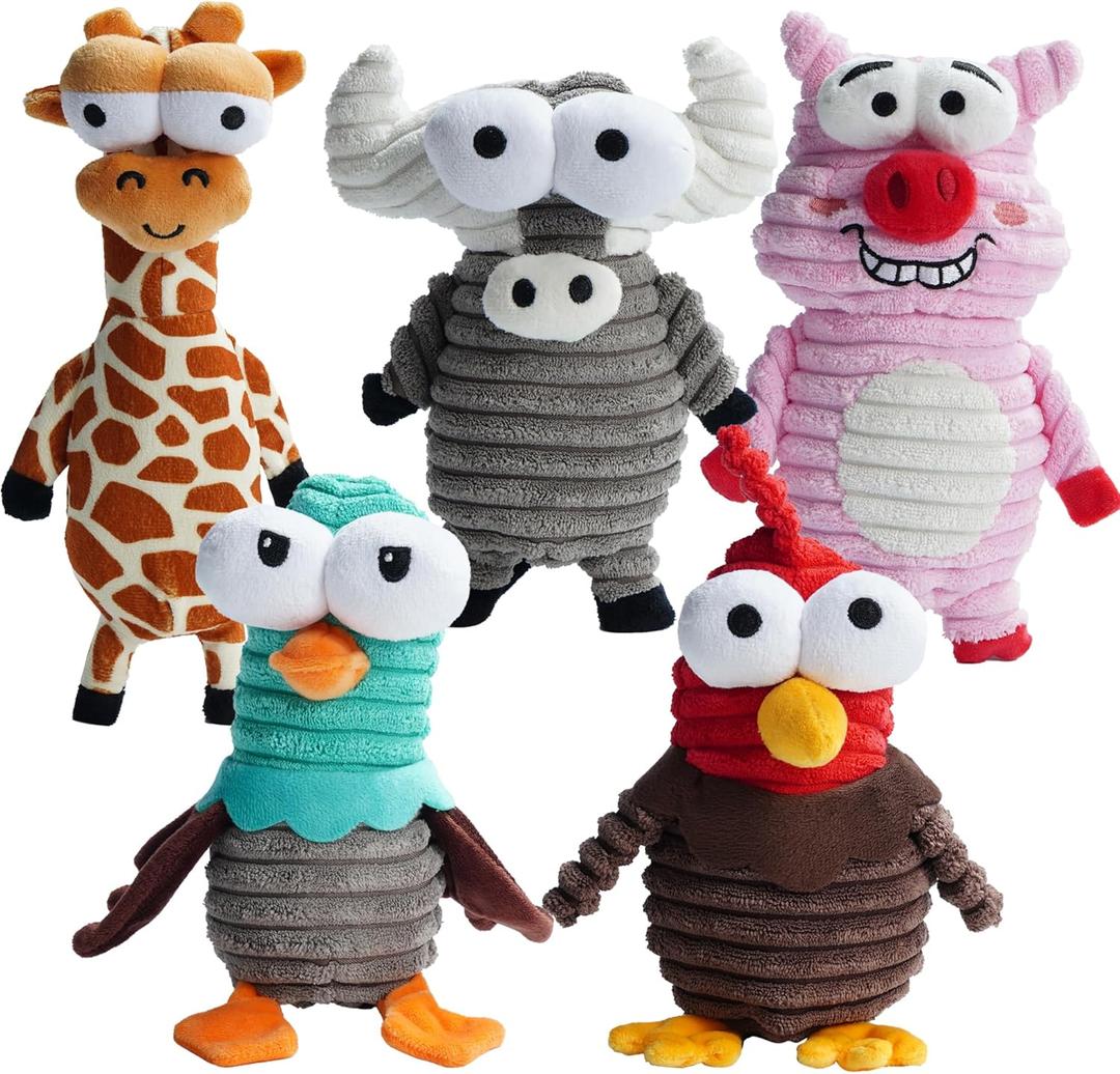 Nocciola 5-Pack Squeaky Dog Toys, Durable Stuffed Critter Zoo Dog Toys with Unique Squeak Sounds to Keep Dogs Busy, Puppy Toys for Small, Medium, and Large Dogs (5 Different Animals)