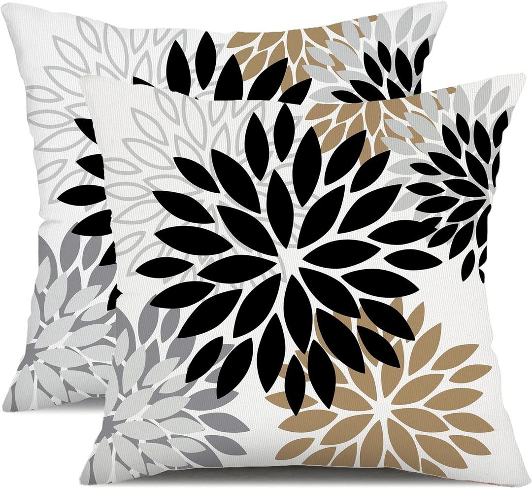 DFXSZ Black Brown Outdoor Pillow Covers 18x18 Inch Set of 2 White Gray Flower Throw Pillows Farmhouse Outdoor Modern Floral Polyester Square Cushion Case Decor for Patio Funiture Garden 002B18