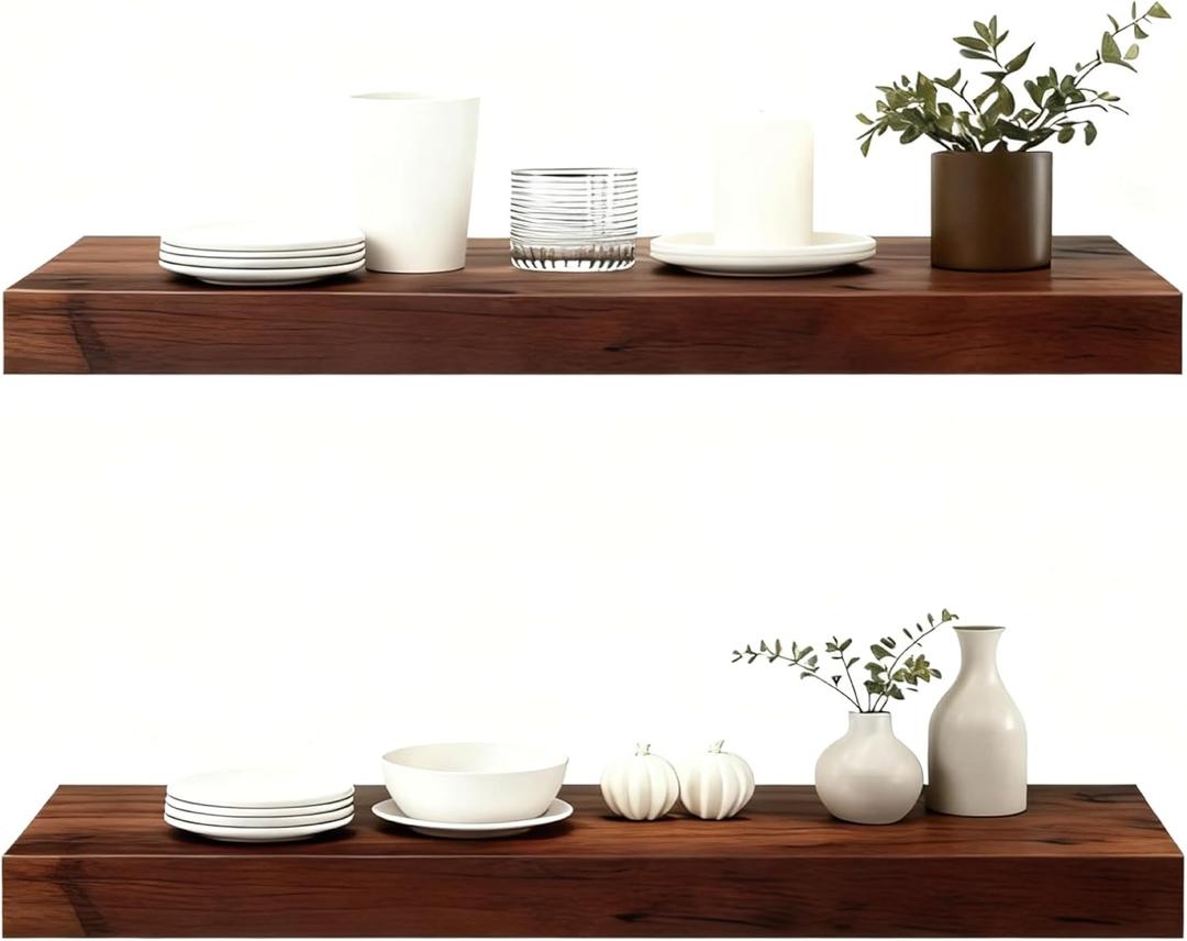 Solid Wood Floating Shelves,23.6in Finished Real Wood Wall Shelves with Heavy-Duty Hidden Bracket, Easy Installation, Set of 2, 23.6in x 7.1in x 1.5in, for Living Room Bedroom Kitchen,Walnut