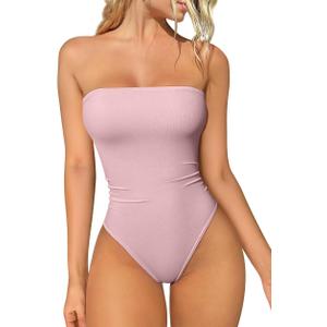 OQQ Womens Tube Bodysuits Strapless Basic Sleeveless Ruched Stretch Classic-Fit Tops Sexy Bodysuits (Large, Hide Pink)