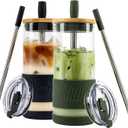 Pandaloo Glass Cups With Lids and Straws -20 Fl Oz- Perfect Size Iced Coffee Cup - Smoothie Cup With Bamboo Lid and On the go Lid - (2 Count (Pack of 1), Black Saphir-Mediterranean Olive)