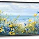 Beach Floral Large Wall Art Teal Flower Pictures Wall Decor Coastal Seascape Canvas Painting Modern Artwork Home Decoration for Living Room Bathroom Bedroom Office Framed 60"x30"