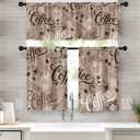 Coffee Kitchen Window Curtains Valance and Tier Set 36 Inch, Brown Farmhouse Rod Pocket Short Tier Curtain, Retro Vintage Small Cafe Drapes for Kitchen Decor
