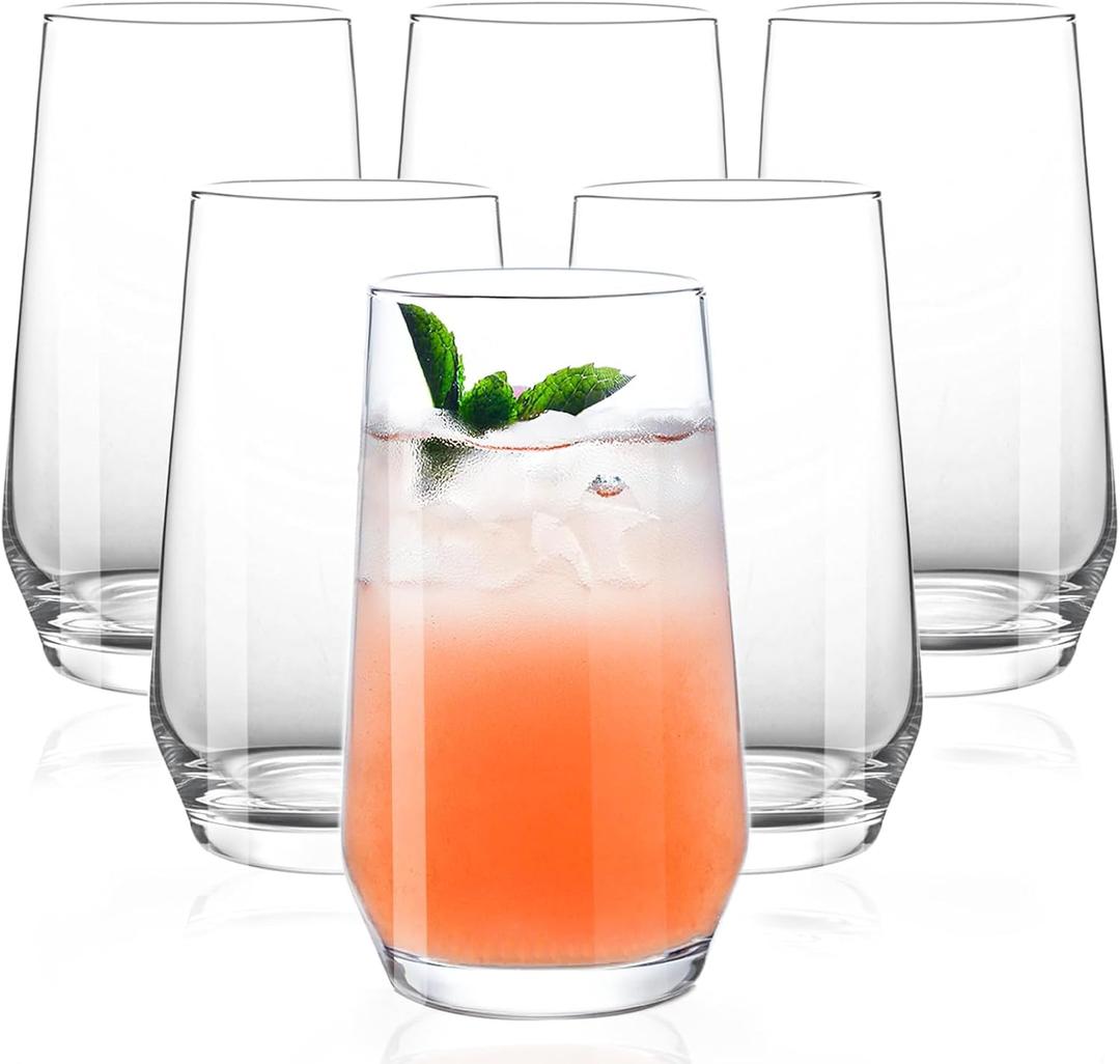 Drinking Glasses Set of 6, 16.4oz Highball Glasses, Crystal Clear Tall Water Glasses, Glass Cups for Cocktail, Juice, Iced Tea, Mojito and Smoothies, Clear Glassware Set, Gifts