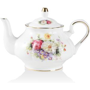 Sweejar Ceramic Teapot with Infuser, Floral Relief Gold Rimmed Teapot, 29 OZ Porcelain Tea Pot for Blooming and Loose Tea, Coffee (Flower Style) 