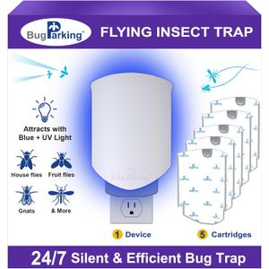 Flying Insect Trap for Indoors: Light Trap Captures Fruit Flies, Gnats, and Houseflies, Silent Bug Catcher with UV Light for Indoor-Plants, Kitchen, BUG PARKING 1 Plug-in Device + 5 Cartridge Refills