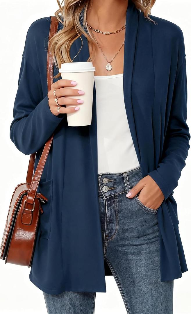 Women's Long Sleeve Lightweight Cardigan Sweaters with Pockets Casual Loose Fit Open Front Jacket Coat (Blue, L)