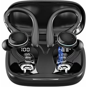 Wireless Earbuds Bluetooth 5.3 Headphones Stereo Ear Buds, ENC Noise Cancelling Mic,IPX7 Waterproof Earphones with Hook for Android iOS Smart Phone Laptop Computer Sports - Black
