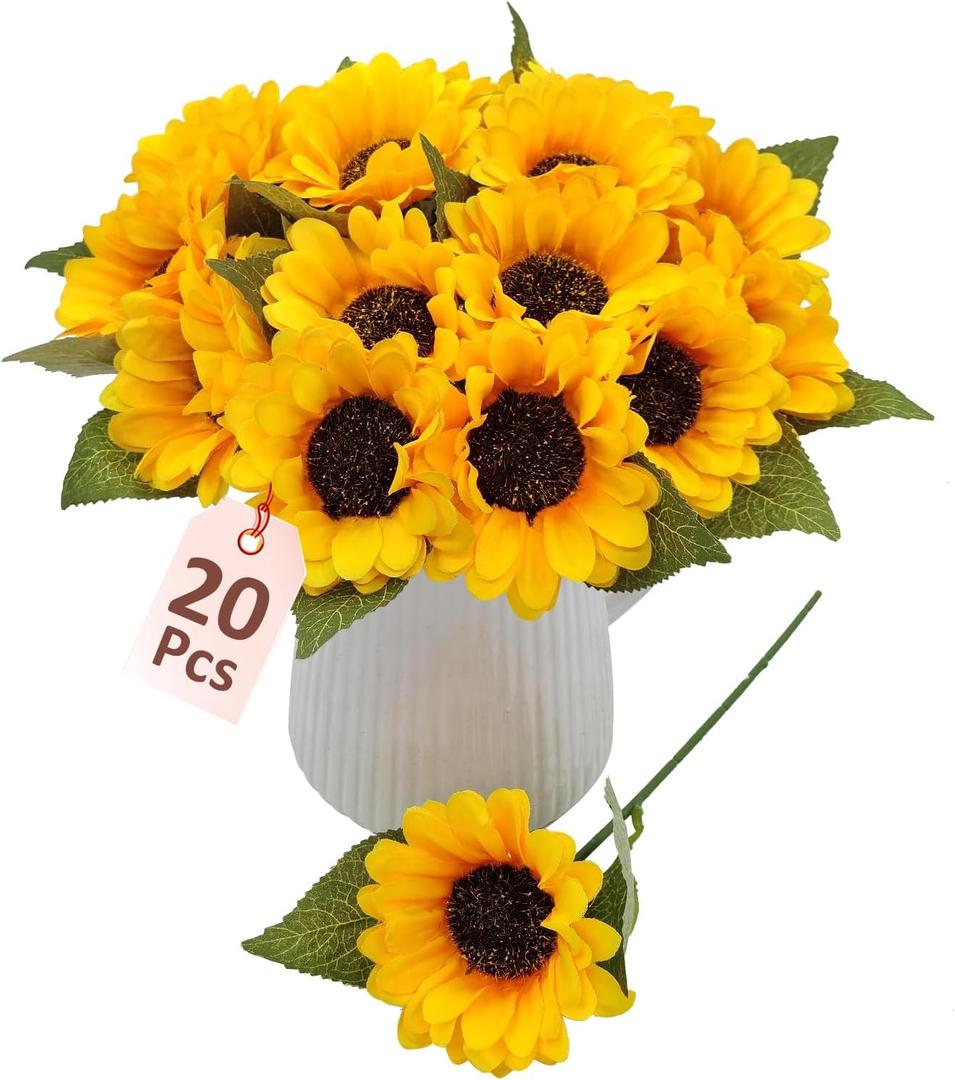 20 PCS Fake Silk Sunflowers Artificial Flower with Stems for Home Wedding Party Centerpieces Decoration Bridal Bouquets Tables Floral Arrangements Wreath DIY Art Crafts Decor (Yellow)
