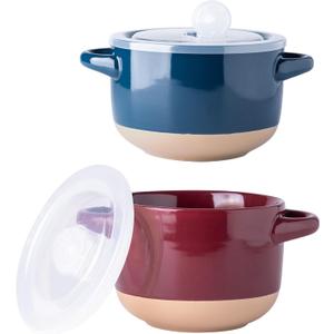 AmorArc 24 Ounces Soup Bowls with Large Handles and Lids, Stoneware Bowls Set of 2 for Soup, Cereal, Stew, Noodle, Colourful Ceramic Kitchen Bowls, Microwave&Dishwasher Safe, Blue&Red
