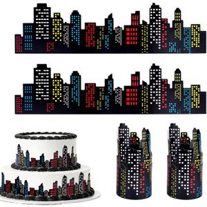 4pcs Spider Skyscraper Cake Toppers with Adhesive Dots, City Theme Cake Topper Skyscraper Border Decorations for Birthday Party & Construction Themed Events