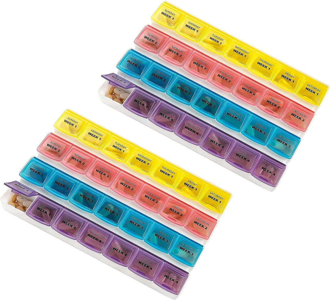 Monthly Pill Organizers - (Pack of 2) 28 Day Monthly Pill Planners to Separate Pills & Vitamins Week to Week, Travel Medication Reminder Daily Monday to Sunday Compartments