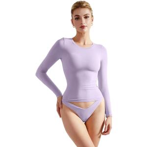 SUUKSESS Women Double Lined Fitted Basic T Shirts Crew Neck Long Sleeve Crop Top (X-Small, Lilac)
