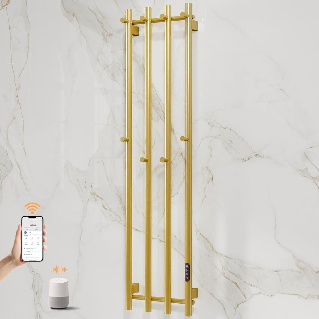 ENZE Smart Heated Towel Rack, Wall Mounted Electric Towel Warmer 300W for Bathroom, WiFi App Control, LED Touch Screen, Adjustable Temperature, 24H Timer, Vertical Model, IPX5, Plug-in/Hardwired, Gold
