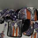 Frienda 10 Pcs American Flag Wood Deer Skull Camo Car Accessories Set 4th of July Patriotic Seat Covers Steering Wheel Cover Keyring Cup Holder Armrest Pad Seat Belt Pads Wrist Strap for Truck