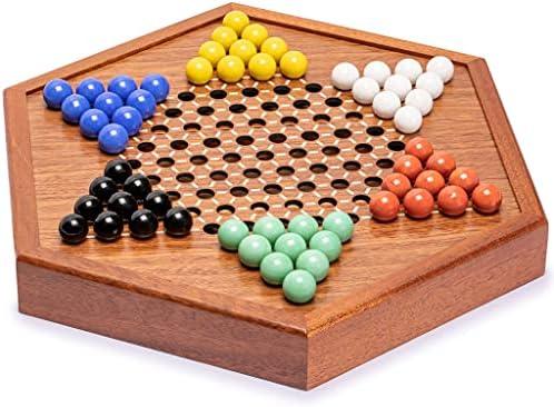 Yellow Mountain Imports Wooden Chinese Checkers Halma Board Game Set (12.7 Inches) with Storage Drawer and Solid Color Glass Marbles (16-Millimeter)