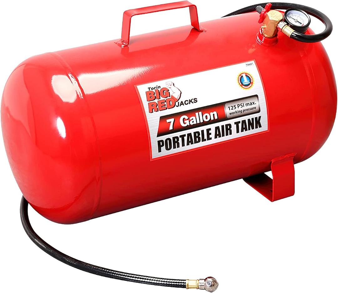Big RED T88007-1 Torin Horizontal Portable Air Storage Tank with 36 "Hose and Pressure Gauge, Capacity 7 Gallons, Red