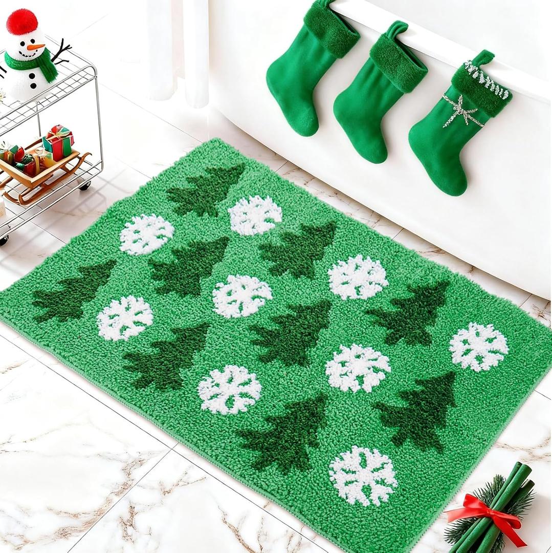 JarThenaAMCS Christmas Bathroom Rug 19.7 x 31.5 Inch Green Tree White Snowflake Absorbent Non Slip Shower Rug Front Mat for Xmas Winter Holiday Home Decoration