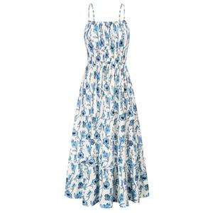 GRACE KARIN Women's Summer Boho Spaghetti Strap Square Neck Ruffle Casual Flowy Long Dress Beach Swing Maxi Dress Blue Floral XL