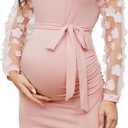 Floral Mesh Bishop Long Sleeve Maternity Midi Dress, Fall Maternity Bodycon Dress for Baby Shower (Large, Long Sleeve Pink)