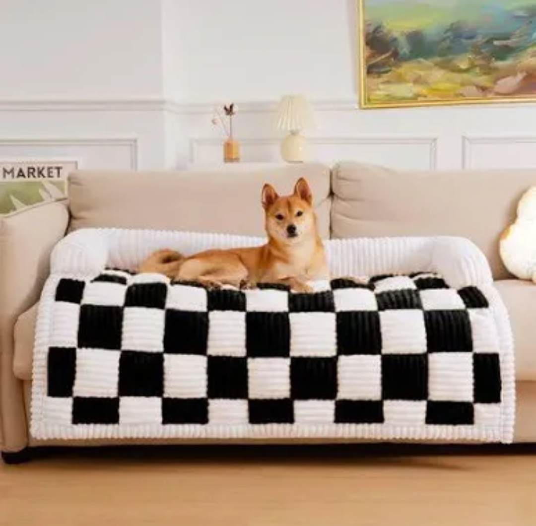FUNNY FUZZY Pet Couch Covers for Sofa, Large Couch Cover for Dogs Washable Cream Square Plaid Pet Bed Mat for Furniture Protector Sofa Cover for Pets, Large, Black 39.0"L x 33.5"W x 6.3"Th