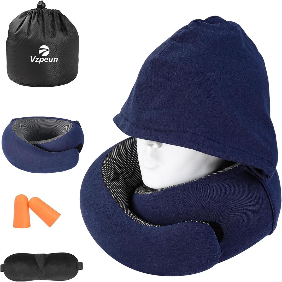 Travel Pillow - Hooded Neck Pillow Airplane Memory Foam Filling for Plane, Office, Cars Sleeping, Road Trip, Long Flights, Portable Plane Accessories, Includes Eye Mask & Earplugs (Navy)