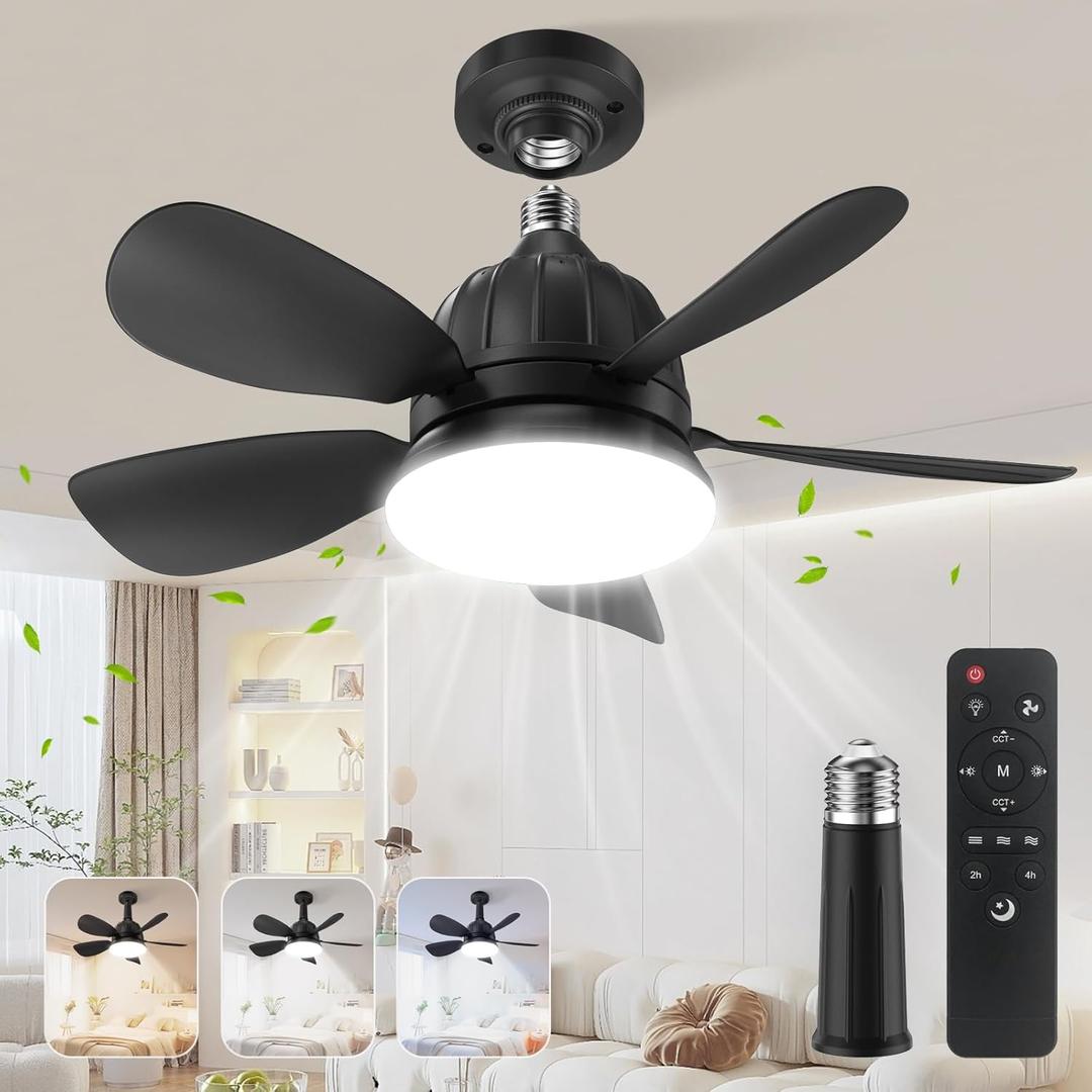 Socket Fan Light with Remote: 18'' Small Ceiling Fans with Lights, 2000 Lumens Dimmable Led Bulb, 3 Colors 3000K-6500K, Easy Install Screw in E26 Base for Bedroom Living Room Kitchen Garage (Black)