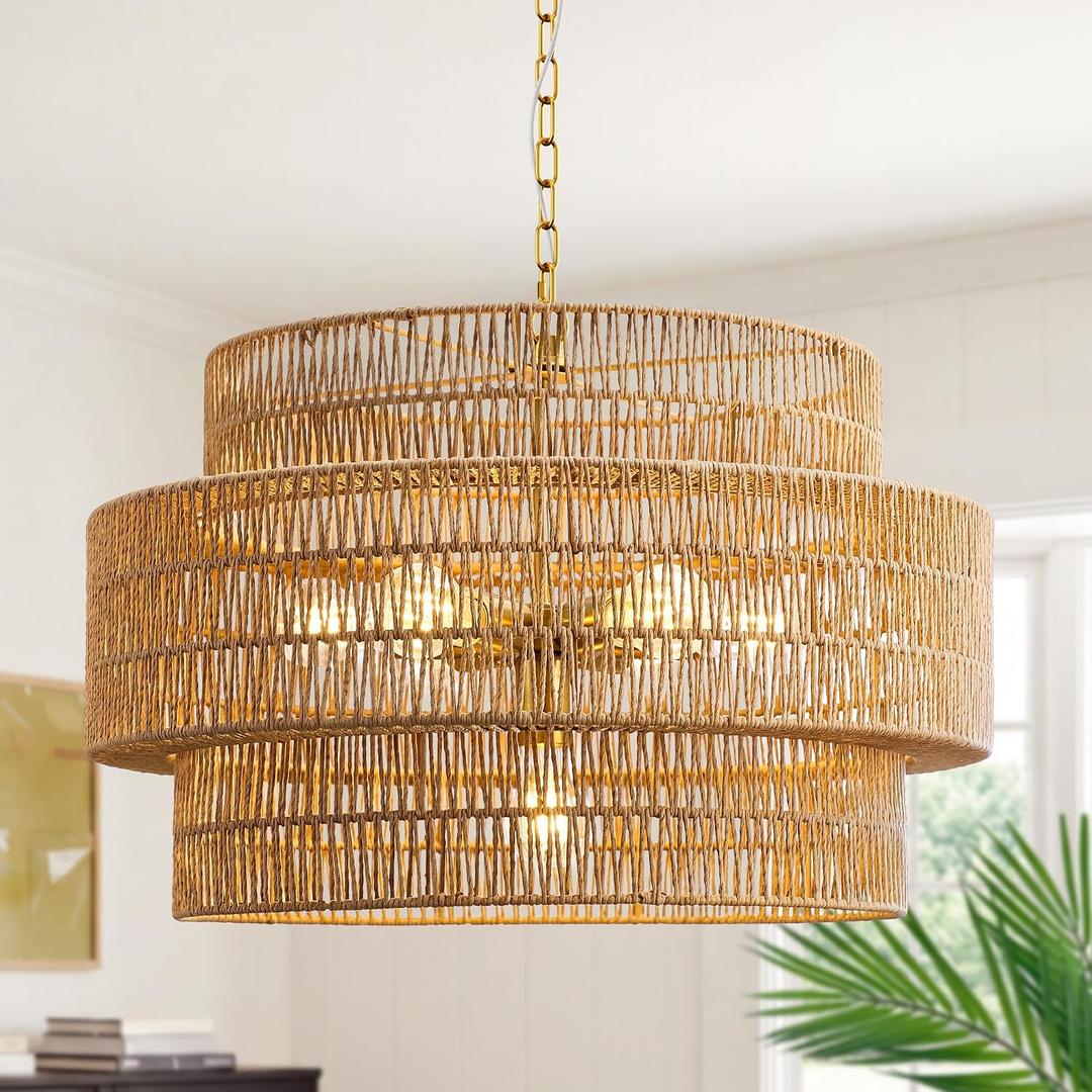 Boho 24” Rattan Chandelier Light Fixture, 7-Light Hand Woven Rattan Pendant with 3-Tier Wicker Shade, Adjustable Farmhouse Ceiling Hanging Light for Dining Room, Kitchen, Living Room, Bedroom, 23.6 inch