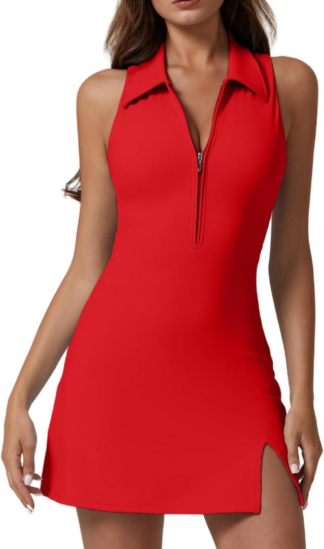 QINSEN Womens Zip Front Tennis Dress Polo Collar Racer Back Workout Golf Dresses Build in Shorts with Pockets (Small, Red)