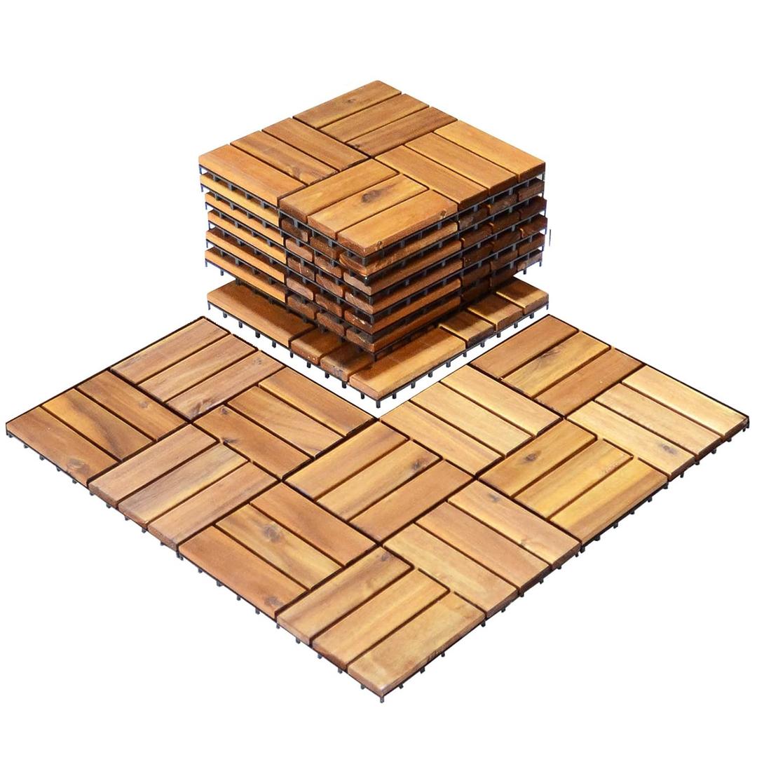 10 PCS Interlocking Patio Deck Tiles, 12 x 12in Acacia Hardwood Outdoor Flooring Tiles, 10 sq.ft Wood Composite Deck Flooring Pavers for Outdoor Indoor, Tools Free Assembly, Checker Pattern