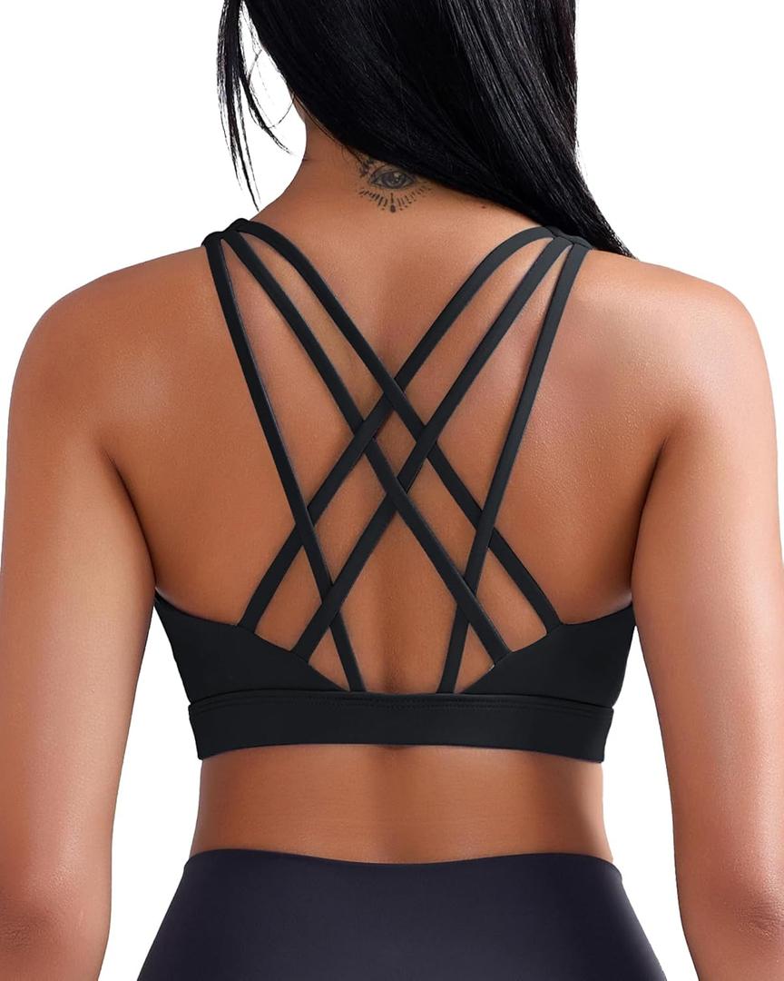 RUNNING GIRL Sports Bras for Women, Medium-High Impact Running Strappy Sports Bra with Removable Pads (X-Large, Black)