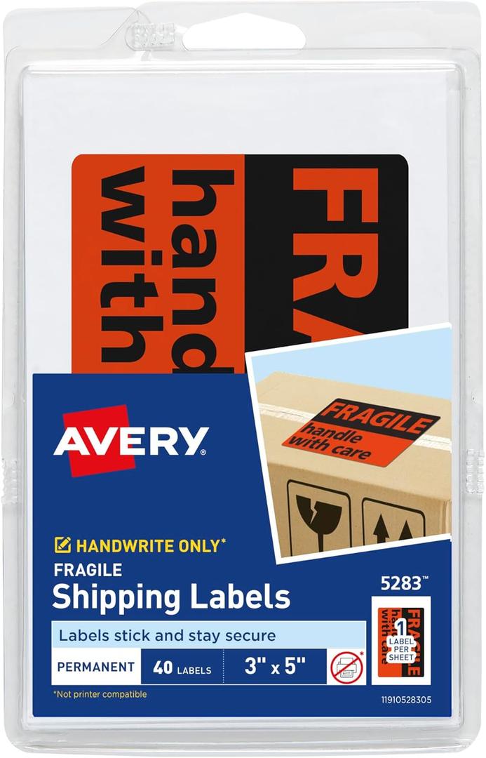 Avery Preprinted Shipping Labels, "Fragile Handle with Care" Label Stickers, 3" x 5", Non-Printable, 40 Rectangle Labels Total (5283)