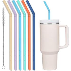 XANGNIER Pastel Color 14 Extra Long Silicone Replacement Straws for Stanley 40 oz Cup,Reusable Flexible Tall Big Drinking Straws with Cleaning Brush for 20,30 Ounce Tumblers,6 Pack