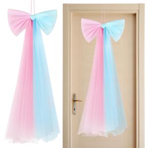 Zeyune Large Pink Bow Party Decorations 13.4 x 28.7 Inch Hanging Mesh Bow for Baby Shower Girls Boys Birthday Bachelorette Wedding Ribbon Bows for Gift Wrapping DIY Craft Party Decor (Pink and Blue)