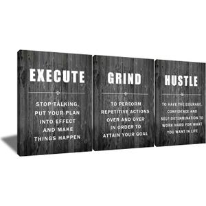 Inspirational Poster Execute Grind Hustle Motivational Wall Art 3 Pieces Canvas Prints Artwork for Living Room Modern Home Decor Painting Pictures Stretched and Framed Ready to Hang [36''Wx 16''H]