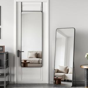 Antok Over The Door Mirror Full Length, 49'' x 14''Wall Mounted Hanging Mirror, Aluminum Alloy Frame, Shatterproof Glass, No Drill Installation for Bedroom, Closet, Bathroom, Dorm, Round Corner,Black