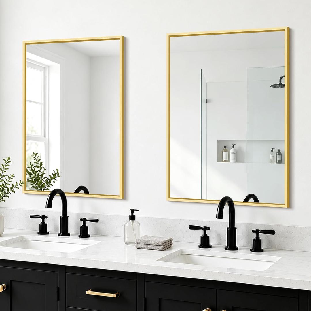 Bathroom Mirror for Wall, 2 Pack 20"x30" Gold Vanity Mirror | Sturdy Rectangular Metal Frame, HD Tempered Glass, Hangs Horizontally or Vertically in Bedroom, Living Room, Entryway