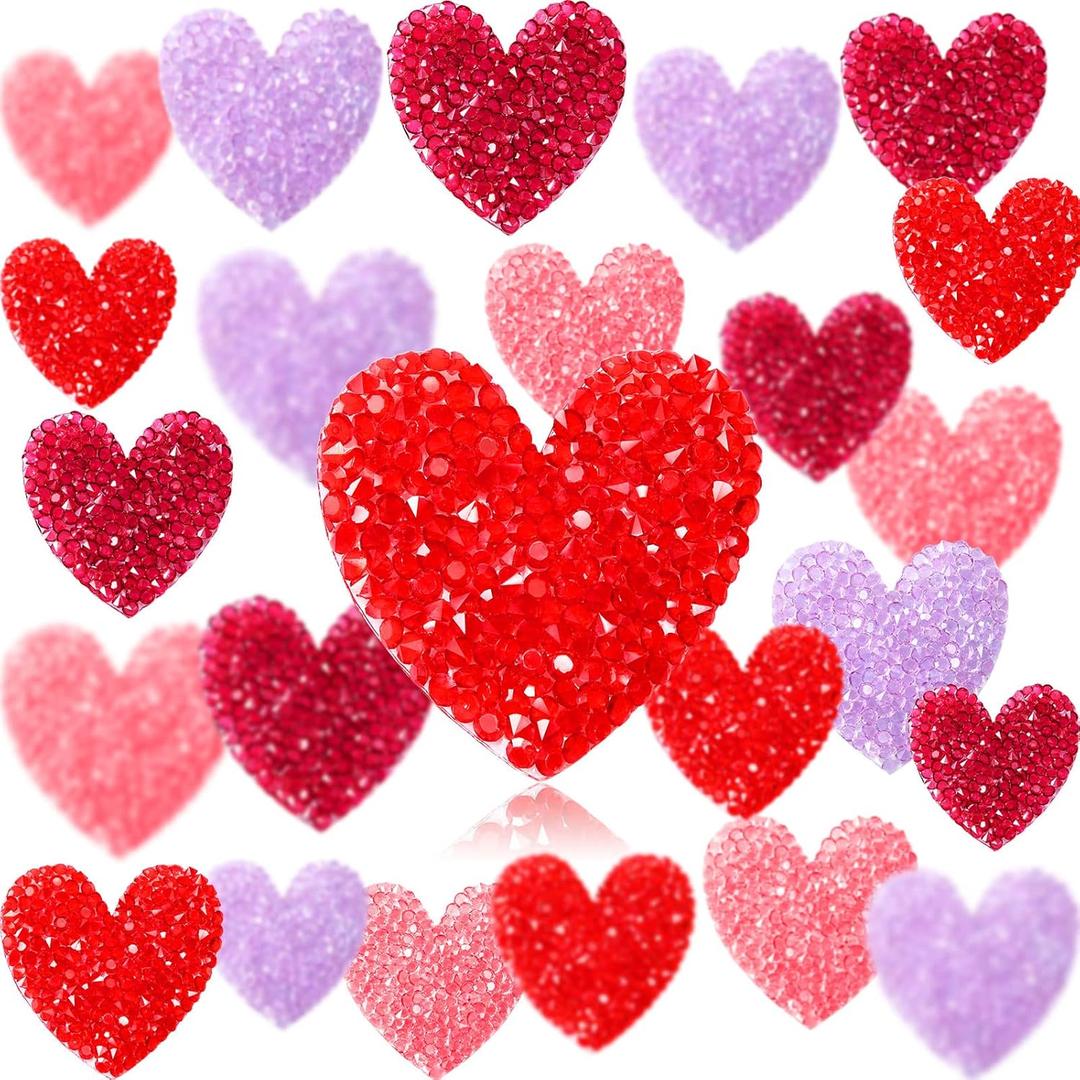 Syhood 24 Pieces Valentine's Day Patches Heart Shape Rhinestone Patches Appliques Clothing Repair Valentine Wedding Decoration Iron on Glitter for Jeans Hats Clothing Fabric