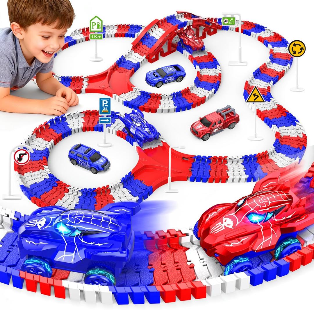 Spider Toys for Boys 4-6, Create A Spider World Road Race Tracks with 2 Cool Spider Cars Toys for Kids Boys, Flexible Train Tracks Set for Age 3 4 5 6 7 8 Year & Up Old Boy Girls Birthday Gifts